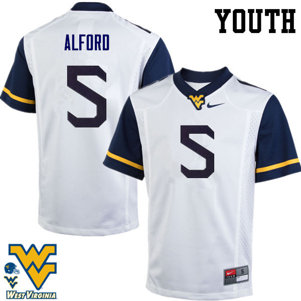 Youth #5 Mario Alford West Virginia Mountaineers College Football Jerseys-White - Click Image to Close